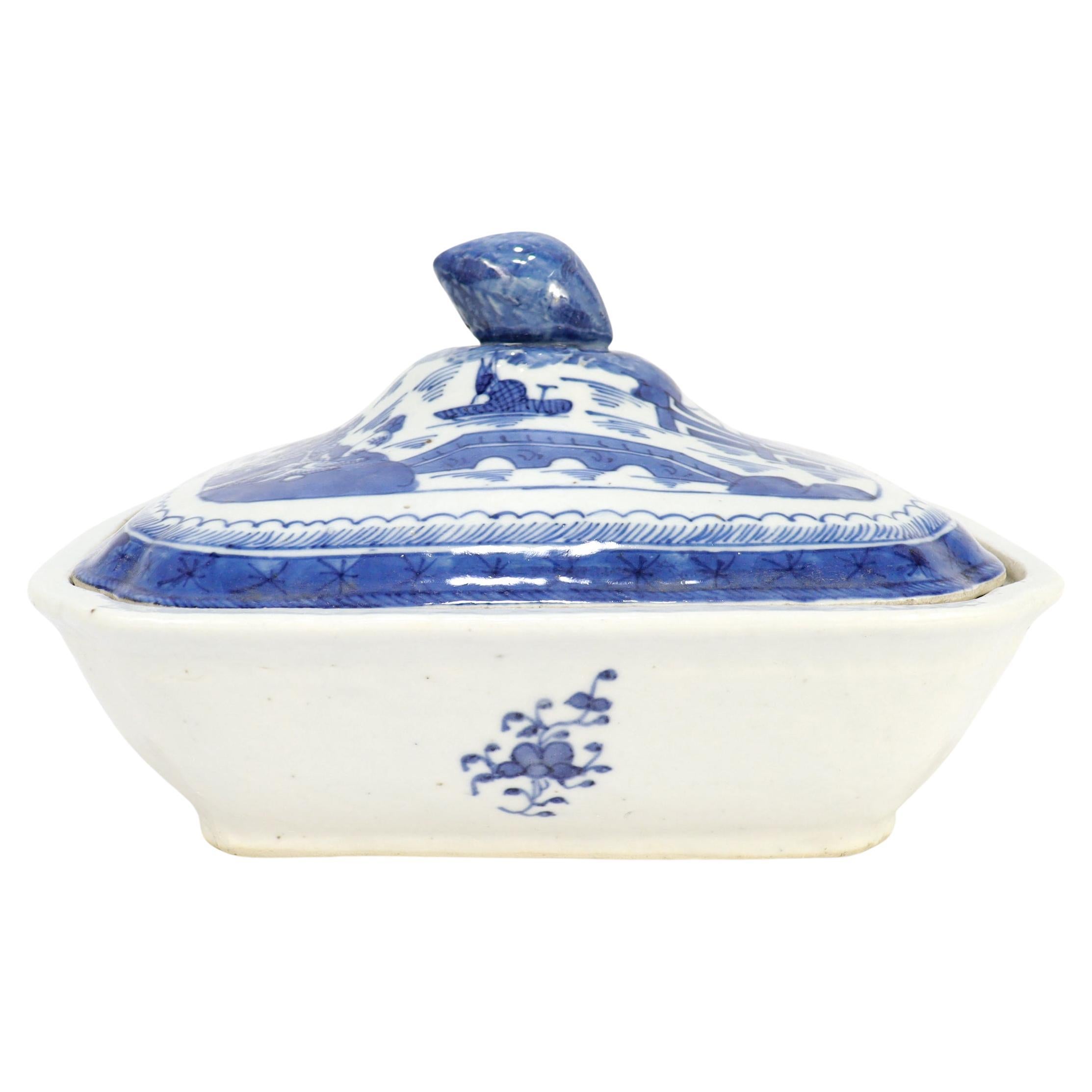 Antique Chinese Export Blue & White Canton Porcelain Covered Vegetable Dish