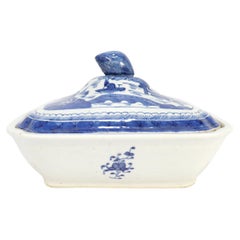 Antique Chinese Export Blue & White Canton Porcelain Covered Vegetable Dish