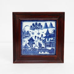 Antique Chinese Export Blue & White Canton Porcelain Framed Decorative Tile