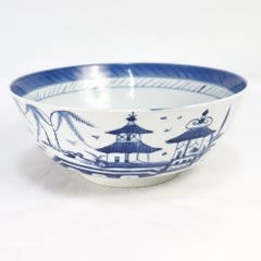 Antique Chinese Export Blue & White Canton Porcelain Fruit Bowl / Punch Bowl