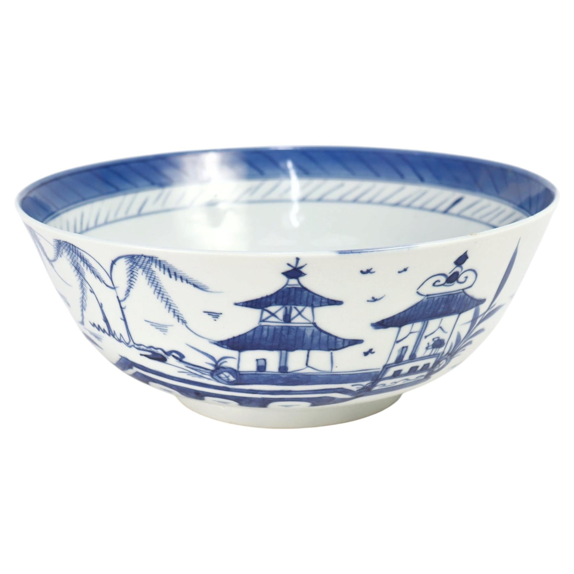 Antique Chinese Export Blue & White Canton Porcelain Fruit Bowl / Punch Bowl