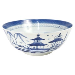 Antique Chinese Export Blue & White Canton Porcelain Fruit Bowl / Punch Bowl