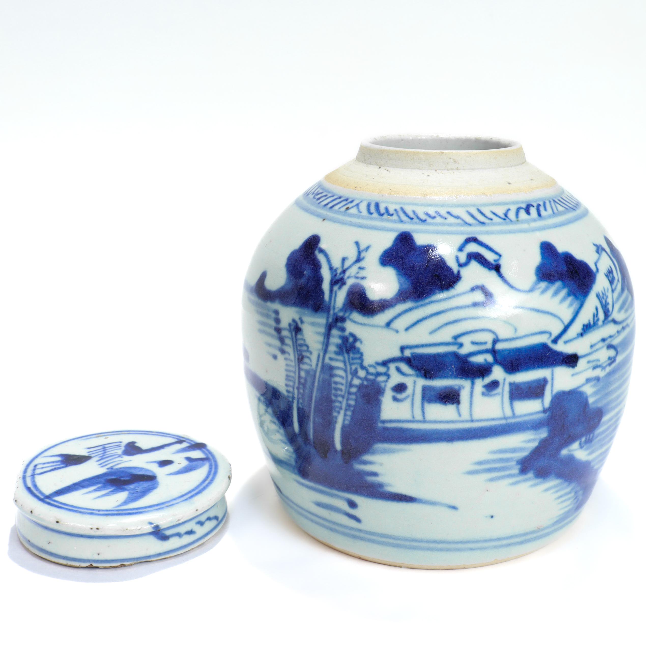 Antique Chinese Export Blue & White Canton Porcelain Ginger Jar For Sale 6