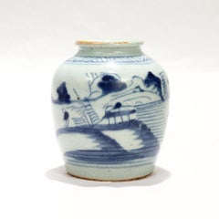 Antique Chinese Export Blue & White Canton Porcelain Ginger Jar