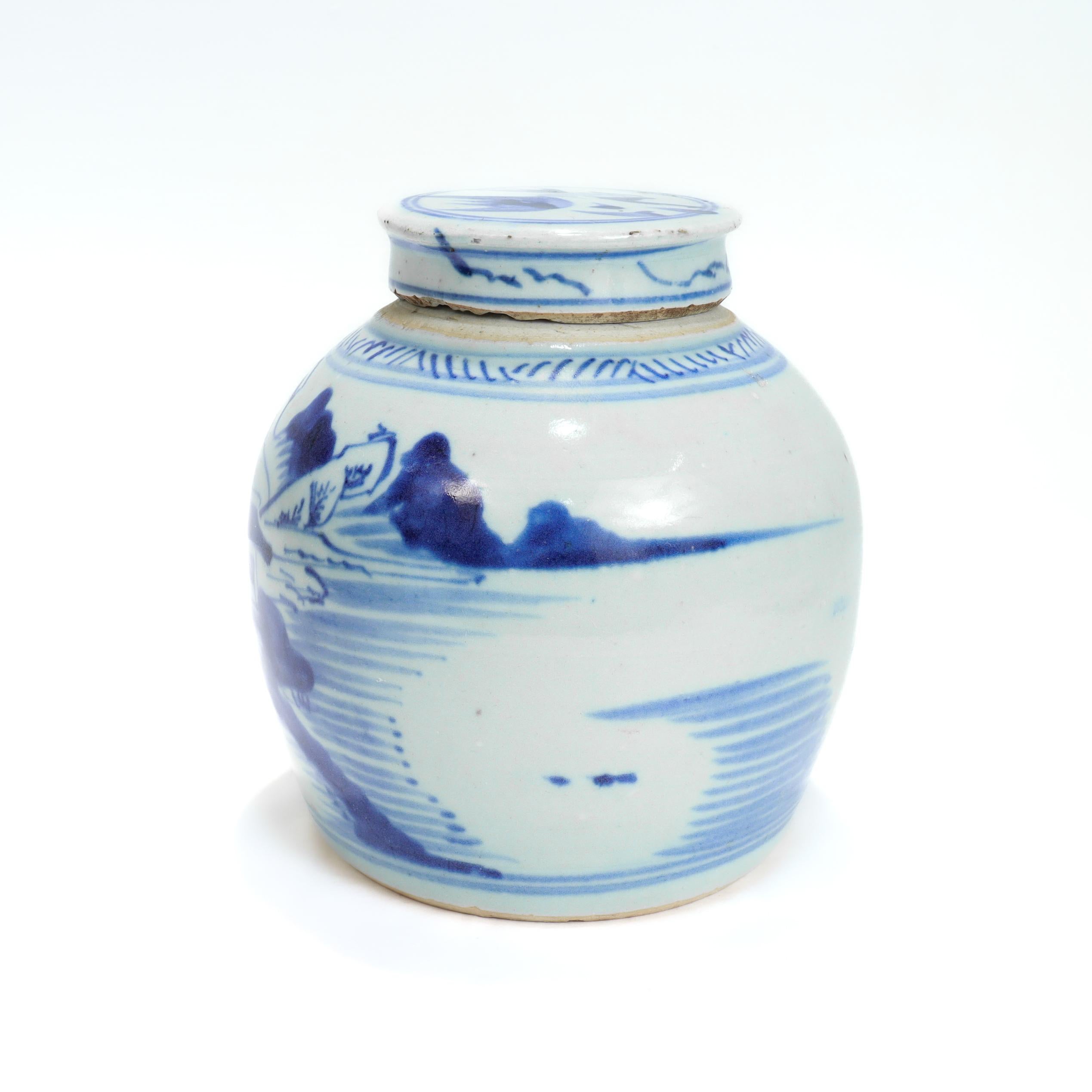 Antique Chinese Export Blue & White Canton Porcelain Ginger Jar In Fair Condition For Sale In Philadelphia, PA