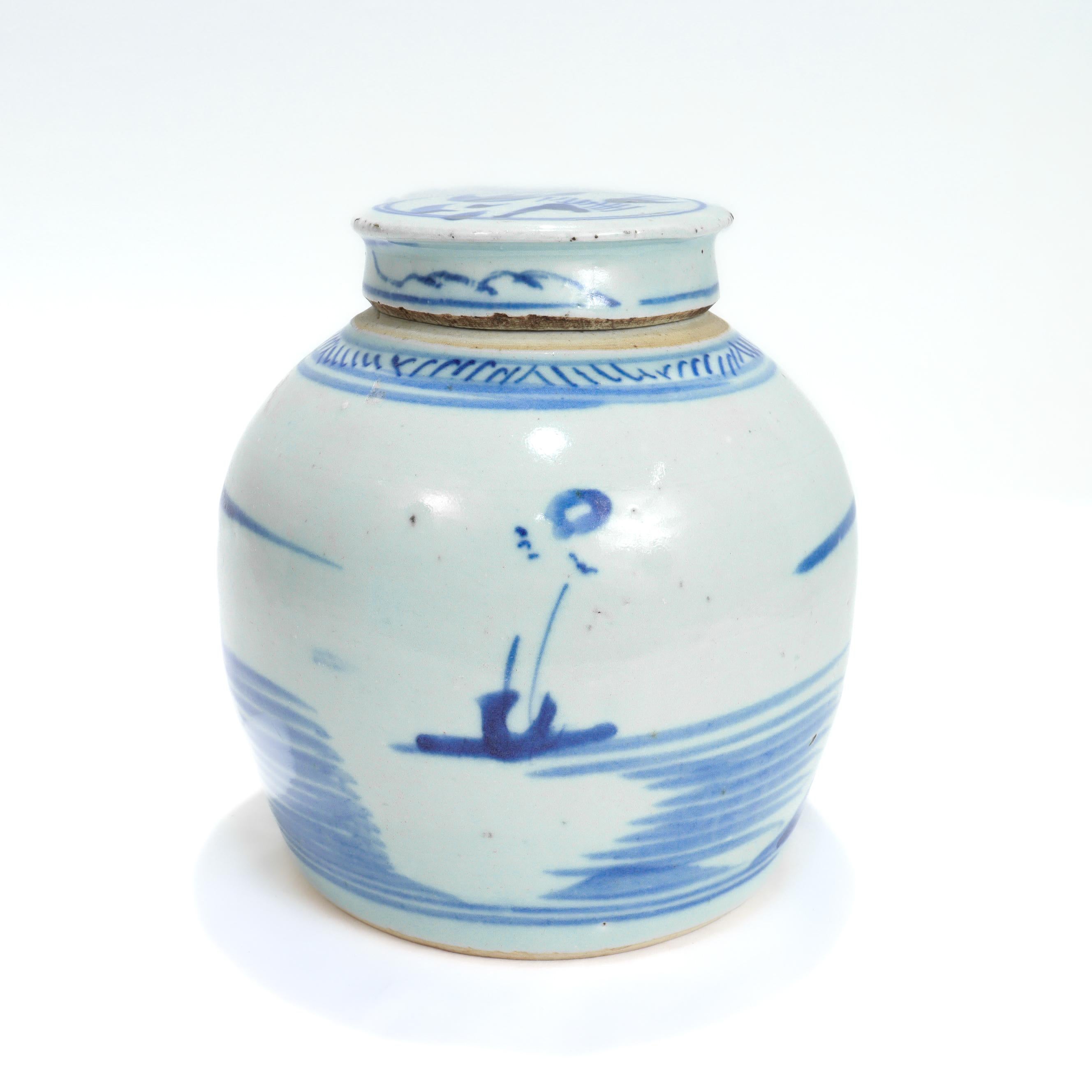 19th Century Antique Chinese Export Blue & White Canton Porcelain Ginger Jar For Sale
