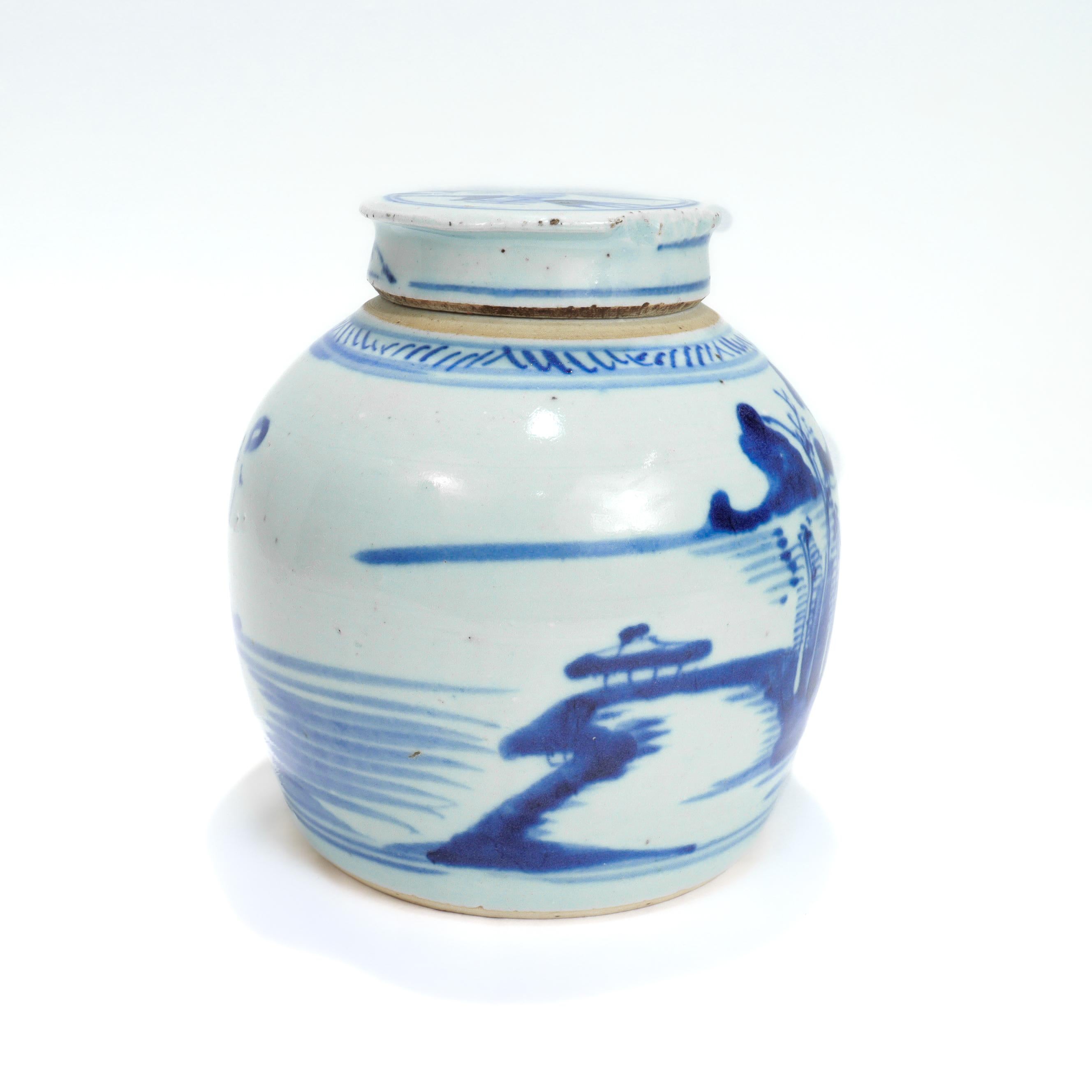 Antique Chinese Export Blue & White Canton Porcelain Ginger Jar For Sale 1