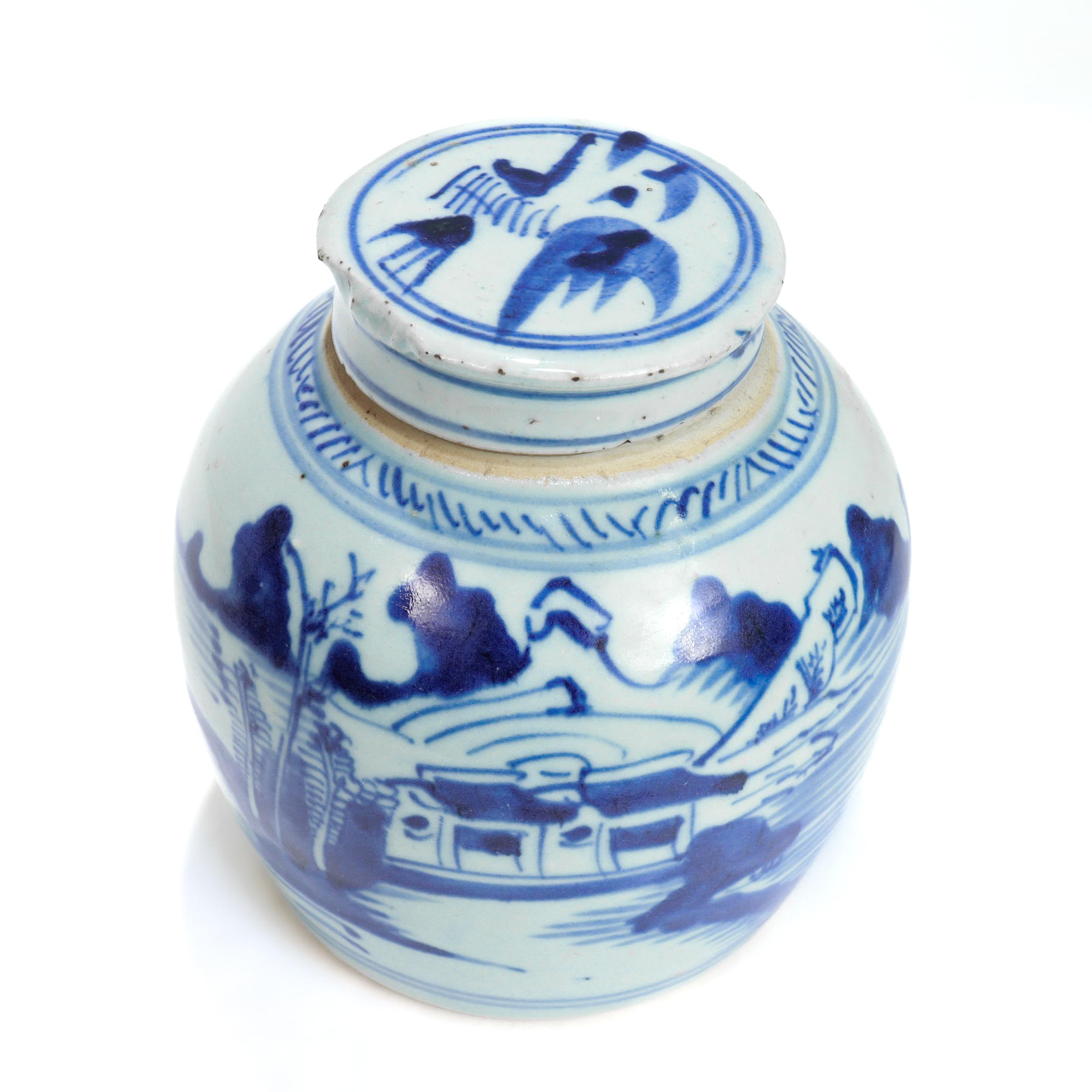 Antique Chinese Export Blue & White Canton Porcelain Ginger Jar For Sale 2