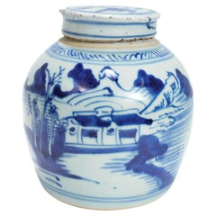 Antique Chinese Export Blue & White Canton Porcelain Ginger Jar