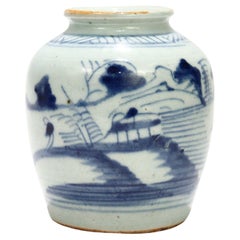 Antique Chinese Export Blue & White Canton Porcelain Ginger Jar