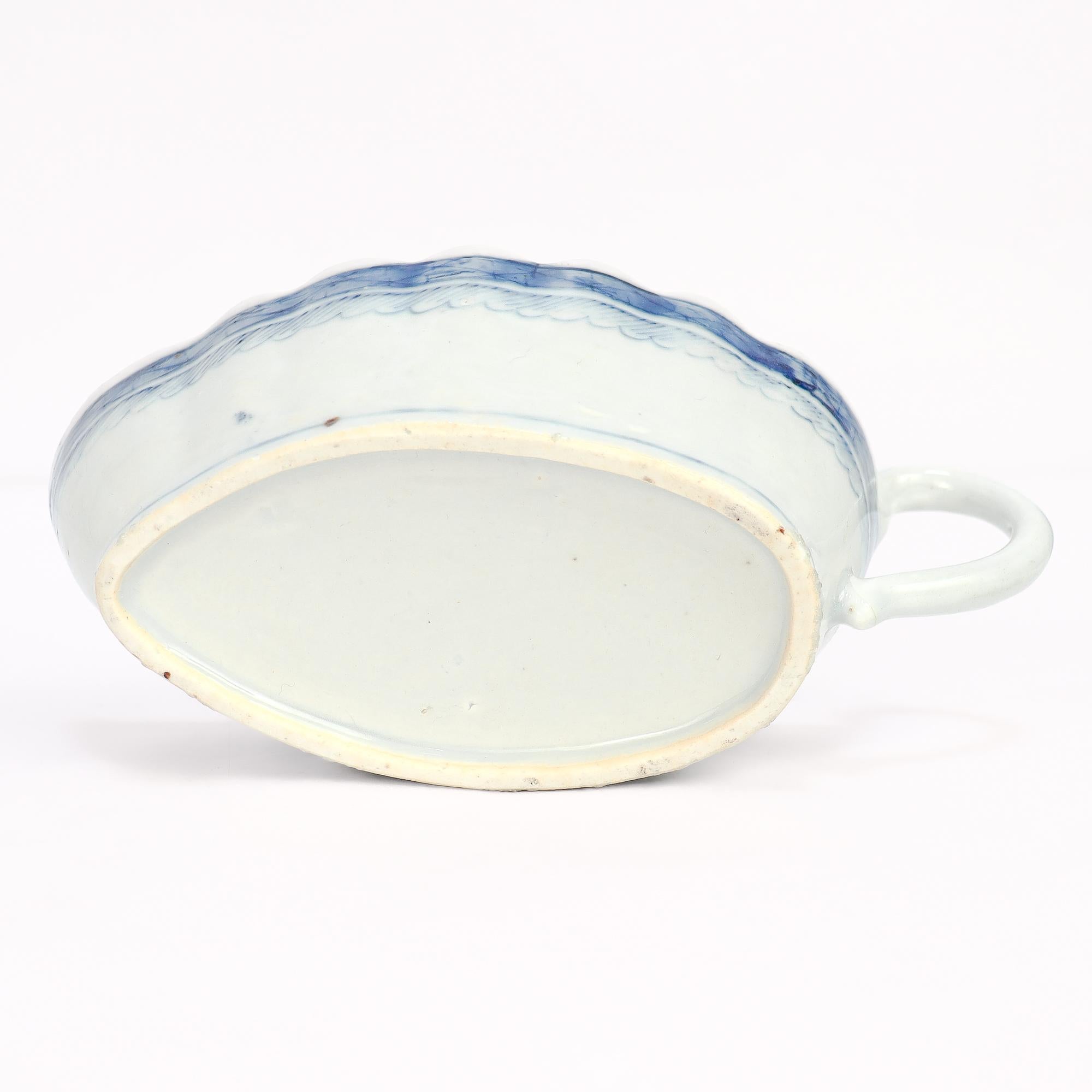 Antique Chinese Export Blue & White Canton Porcelain Gravy or Sauce Boat For Sale 7