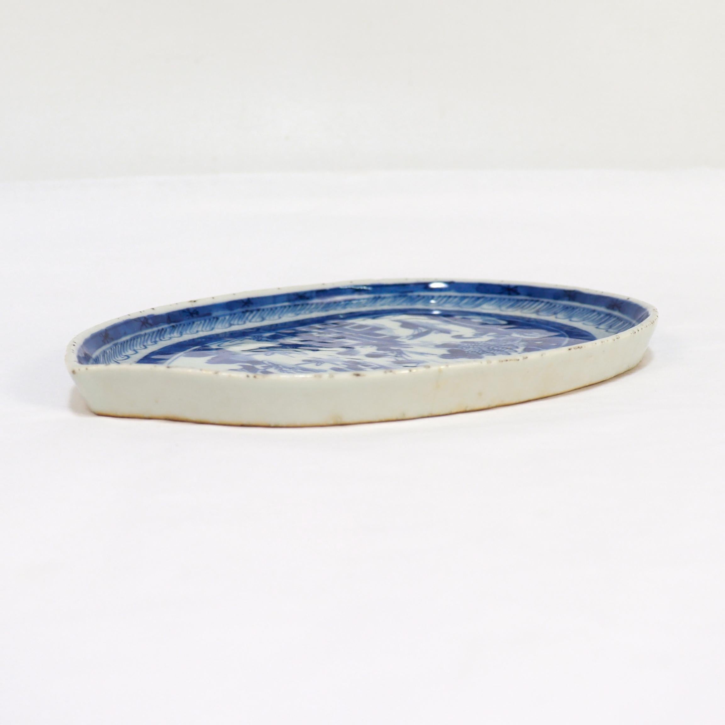 Antique Chinese Export Blue & White Canton Porcelain Leaf Dish or Vide Poche For Sale 6