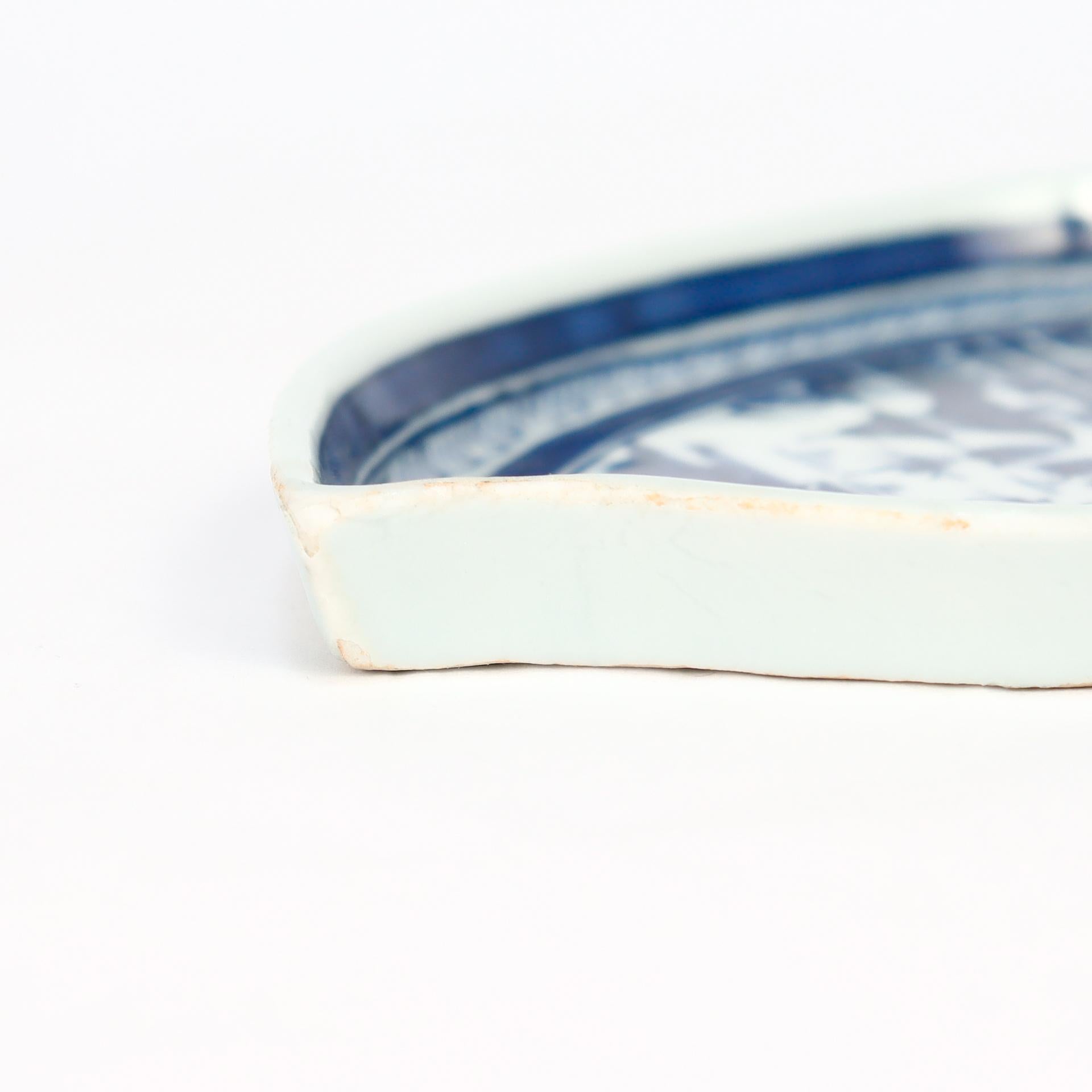 Antike chinesische Export Blau & Weiß Kanton Porzellan Blatt Schale oder Vide Poche im Angebot 3