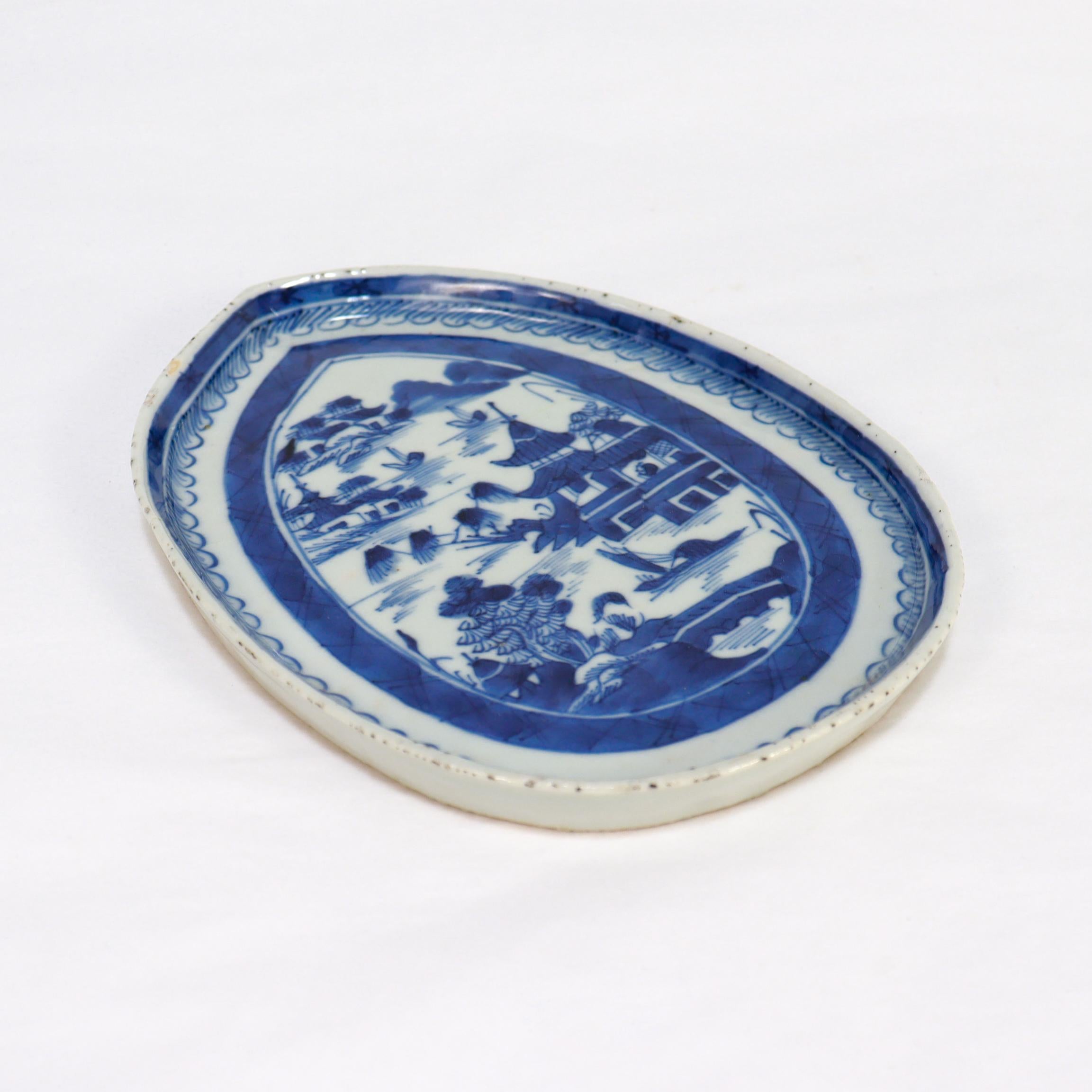 Antique Chinese Export Blue & White Canton Porcelain Leaf Dish or Vide Poche For Sale 7