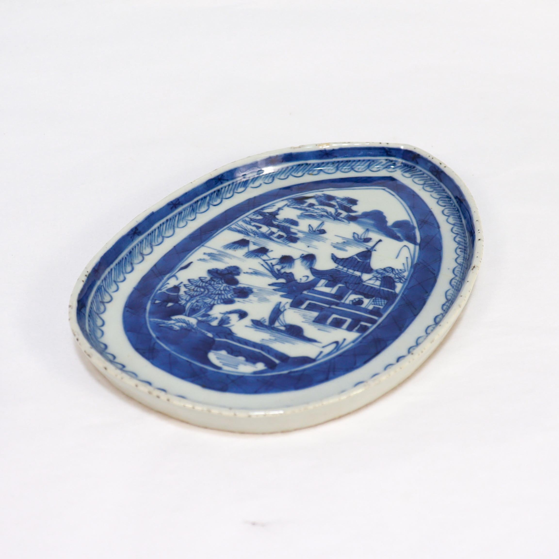 Antique Chinese Export Blue & White Canton Porcelain Leaf Dish or Vide Poche For Sale 8