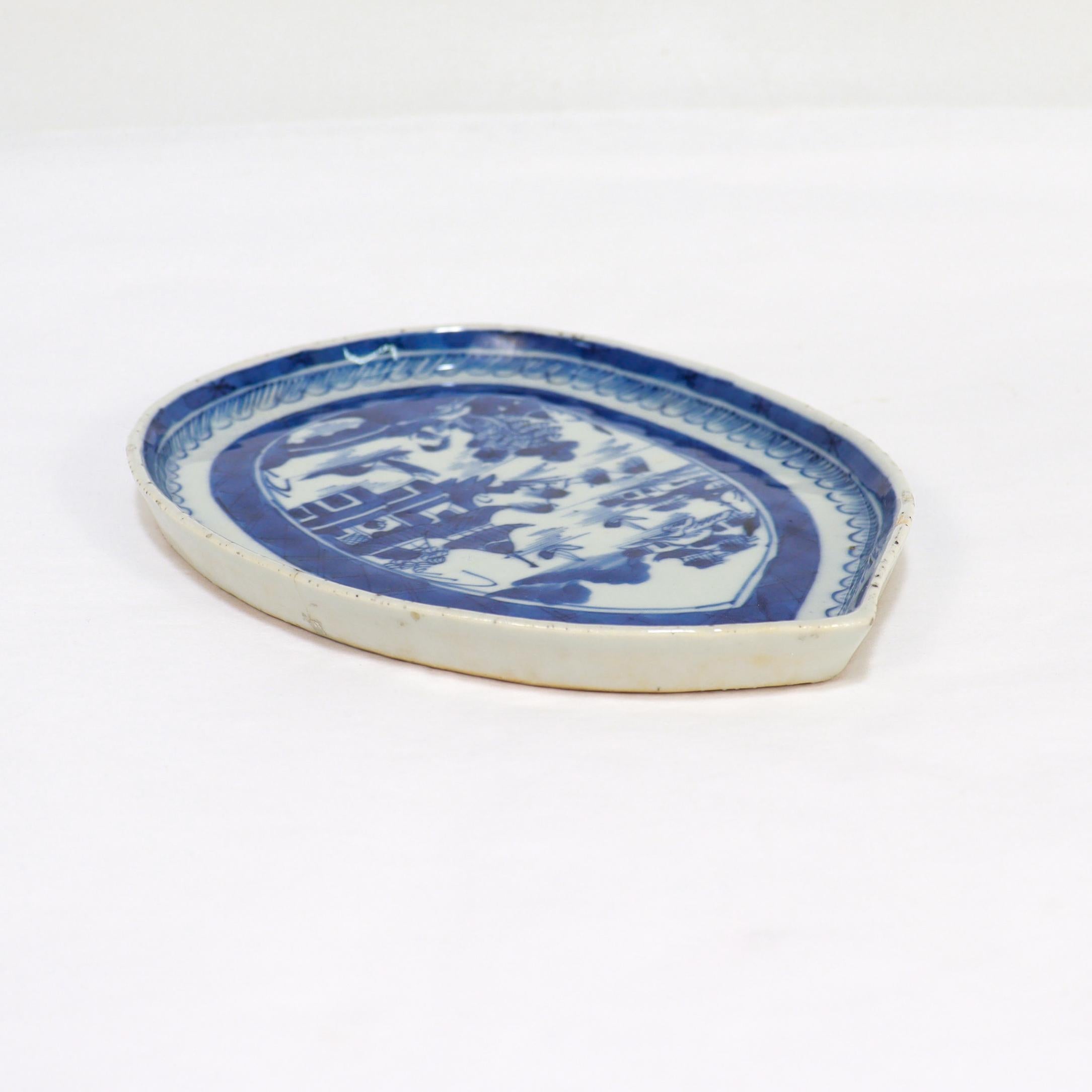 Antique Chinese Export Blue & White Canton Porcelain Leaf Dish or Vide Poche For Sale 9