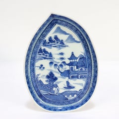 Antique Chinese Export Blue & White Canton Porcelain Leaf Dish or Vide Poche