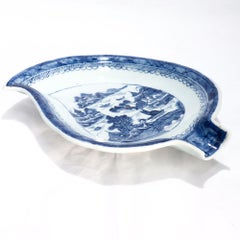 Antique Chinese Export Blue & White Canton Porcelain Leaf Dish or Vide Poche