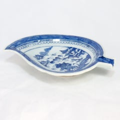 Antique Chinese Export Blue & White Canton Porcelain Leaf Dish or Vide Poche