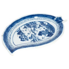 Antique Chinese Export Blue & White Canton Porcelain Leaf Dish or Vide Poche