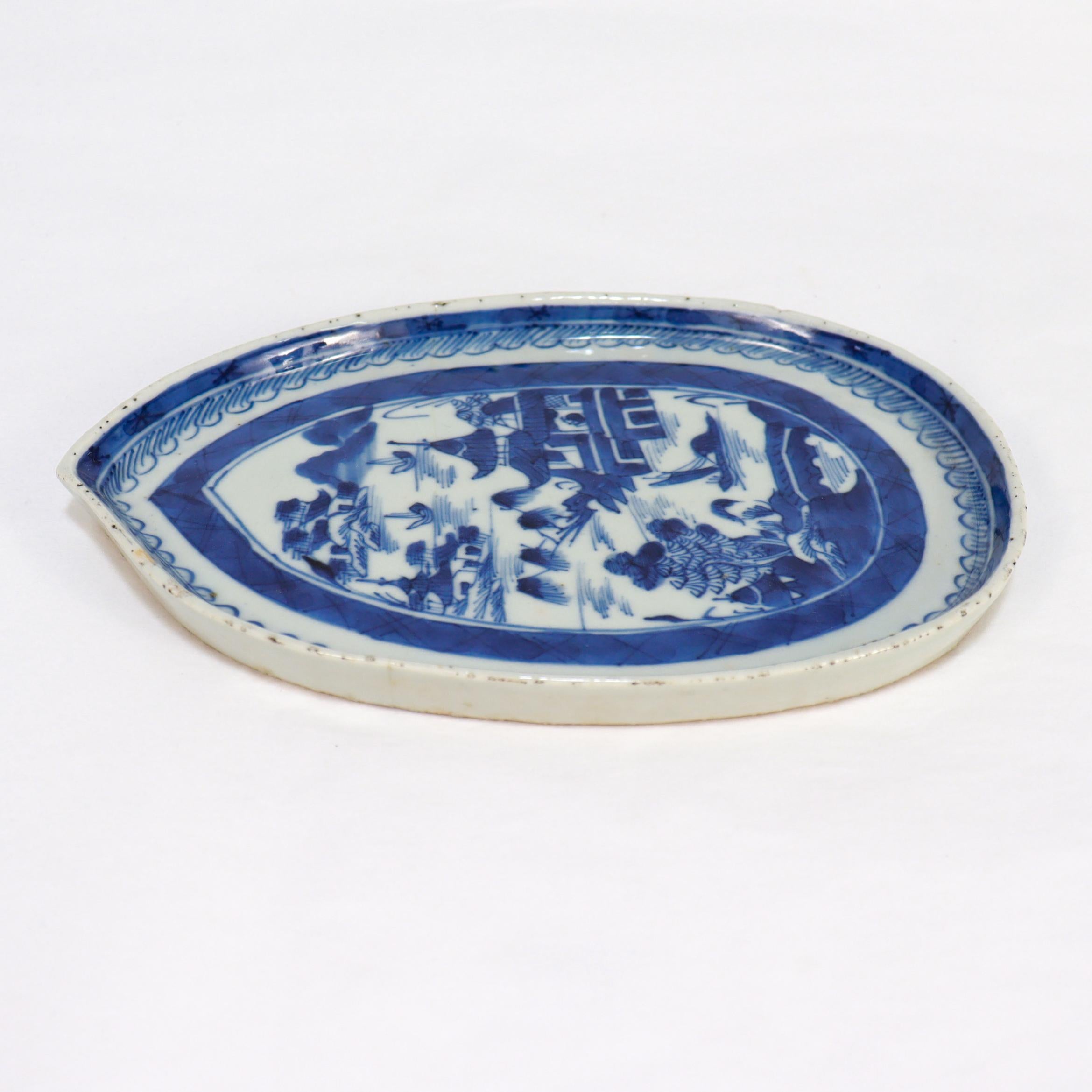 20th Century Antique Chinese Export Blue & White Canton Porcelain Leaf Dish or Vide Poche For Sale