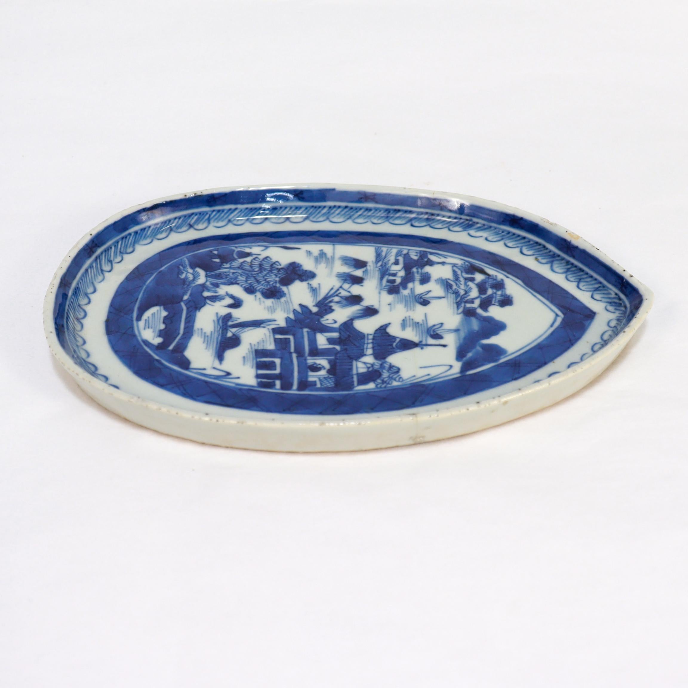 Antique Chinese Export Blue & White Canton Porcelain Leaf Dish or Vide Poche For Sale 1