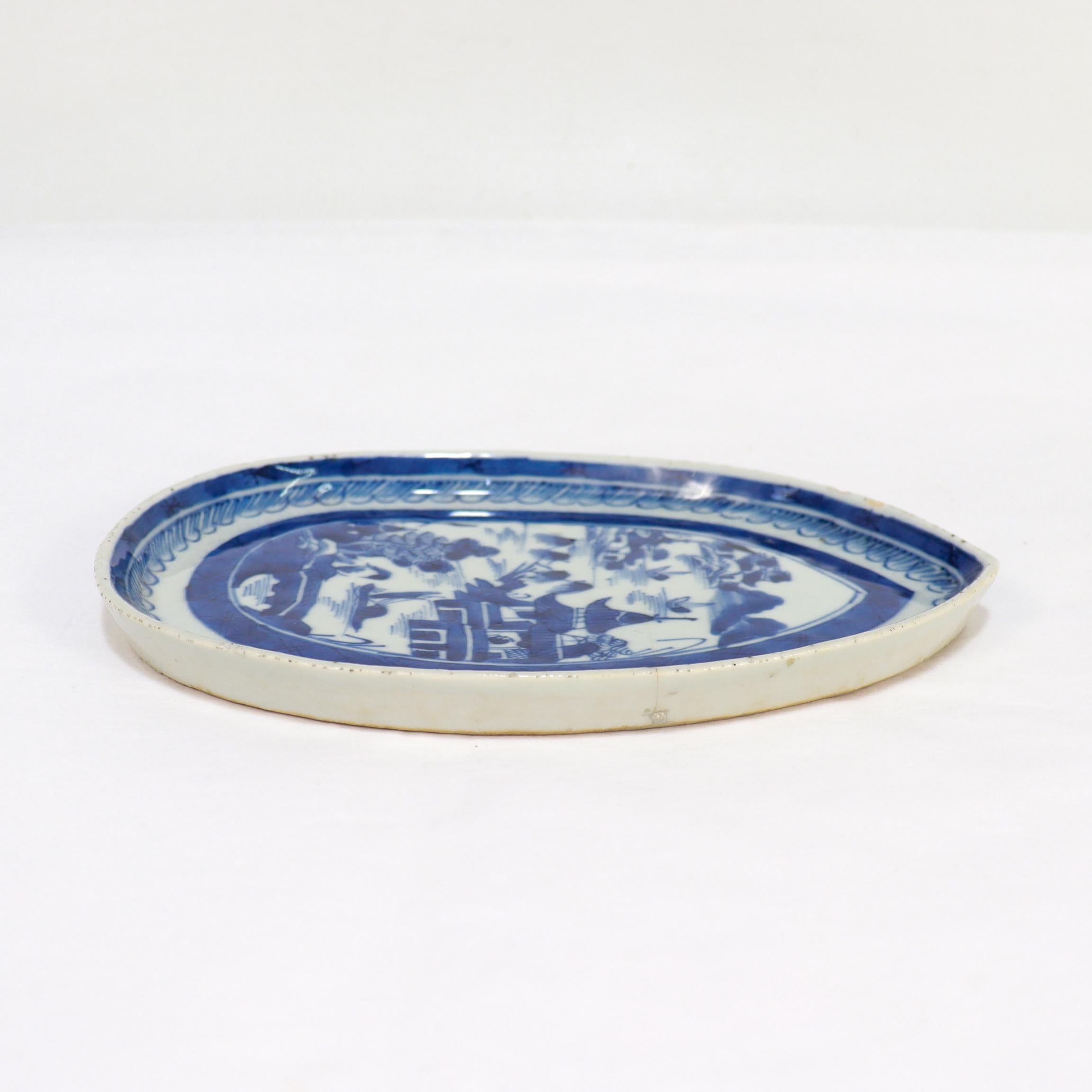 Antique Chinese Export Blue & White Canton Porcelain Leaf Dish or Vide Poche For Sale 3