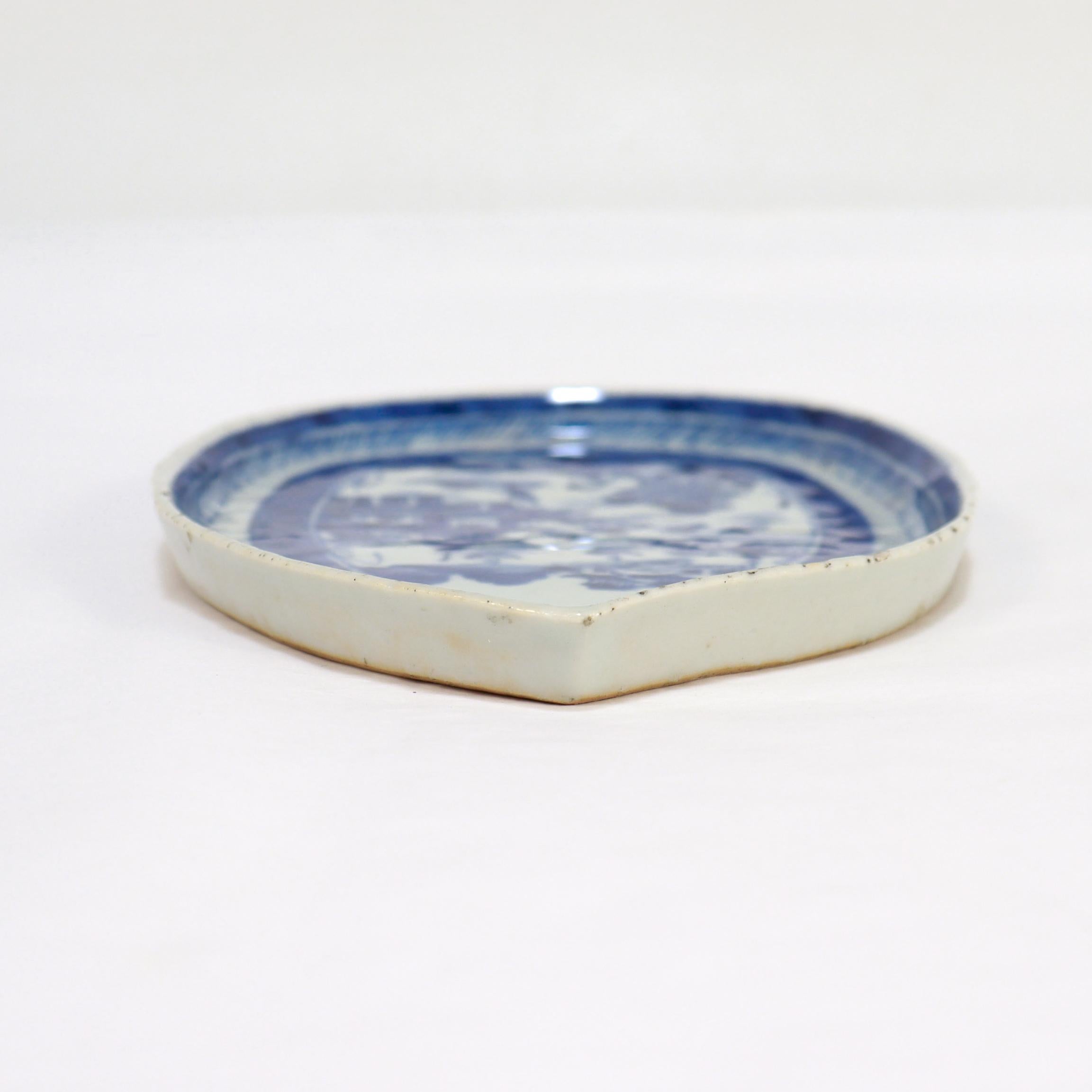 Antique Chinese Export Blue & White Canton Porcelain Leaf Dish or Vide Poche For Sale 5