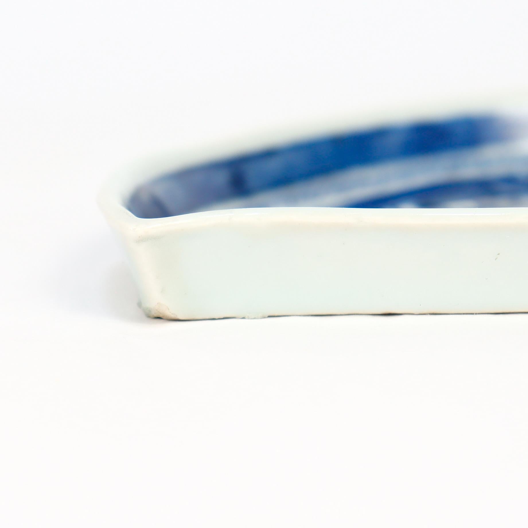 Antike chinesische Export Blau & Weiß Kanton Porzellan Blatt Schale oder Vide Poche im Angebot 3