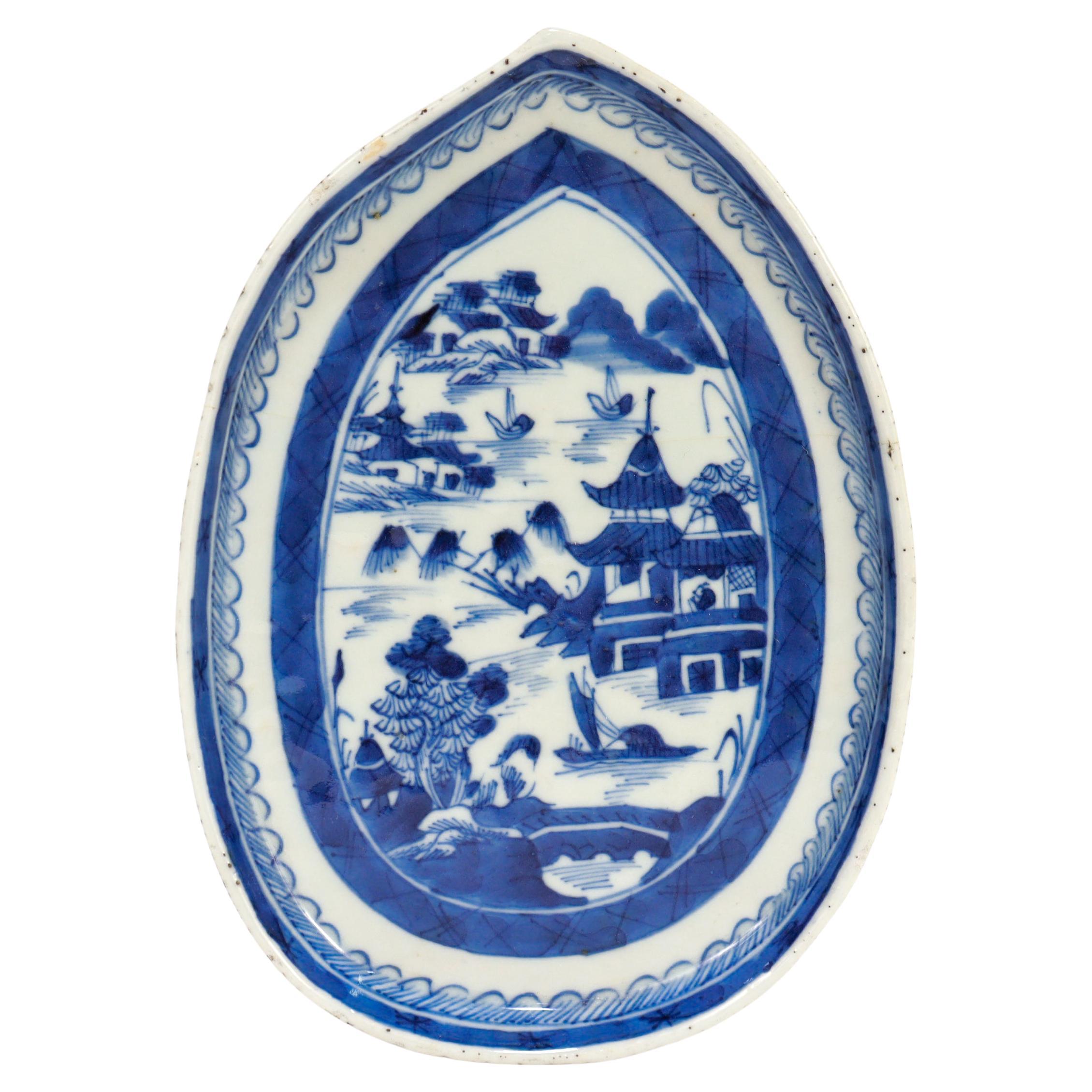 Antique Chinese Export Blue & White Canton Porcelain Leaf Dish or Vide Poche For Sale