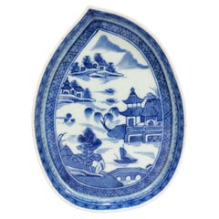 Antique Chinese Export Blue & White Canton Porcelain Leaf Dish or Vide Poche