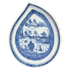 Antique Chinese Export Blue & White Canton Porcelain Leaf Dish or Vide Poche