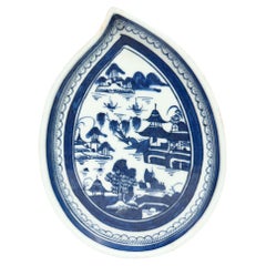 Antique Chinese Export Blue & White Canton Porcelain Leaf Dish or Vide Poche