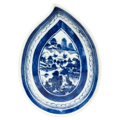 Antique Chinese Export Blue & White Canton Porcelain Leaf Dish or Vide Poche