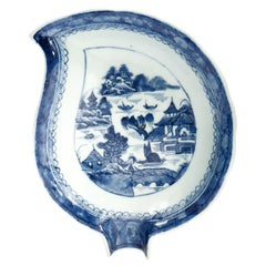 Antique Chinese Export Blue & White Canton Porcelain Leaf Dish or Vide Poche