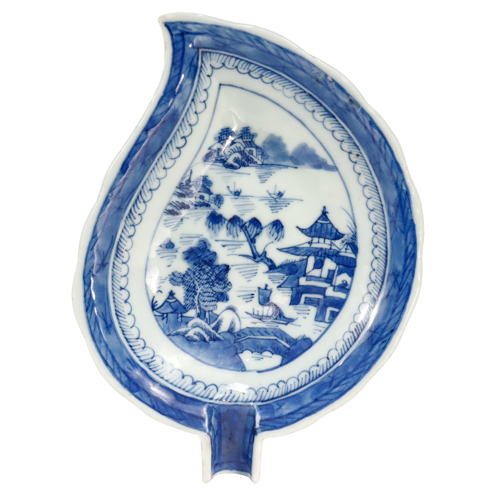 Antique Chinese Export Blue & White Canton Porcelain Leaf Dish or Vide Poche