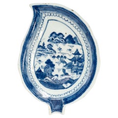 Antique Chinese Export Blue & White Canton Porcelain Leaf Dish or Vide Poche