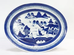 Antique Chinese Export Blue & White Canton Porcelain Oval Serving Platter / Tray