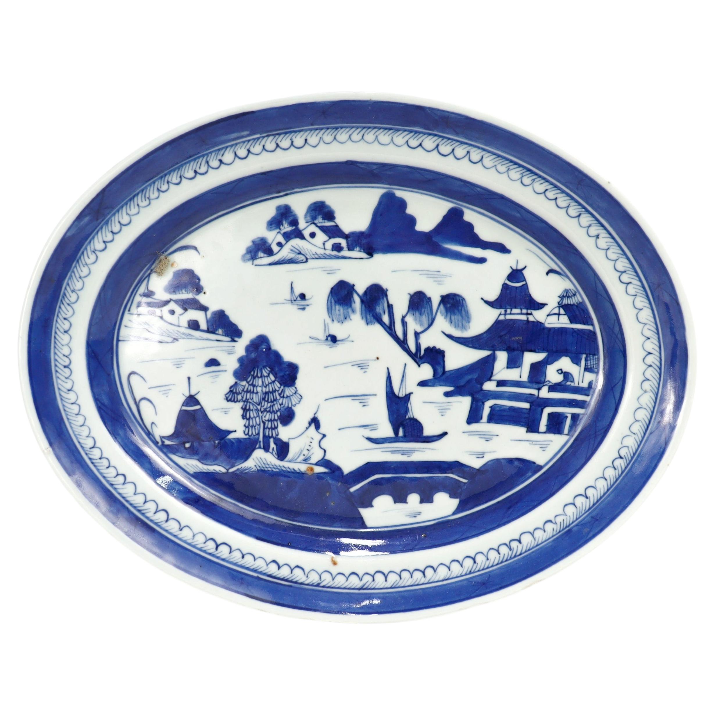 Antique Chinese Export Blue & White Canton Porcelain Oval Serving Platter / Tray For Sale