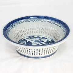Antique Chinese Export Blue & White Canton Porcelain Reticulated Chestnut Basket