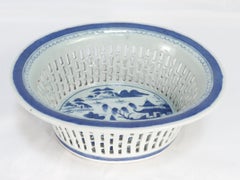 Antique Chinese Export Blue & White Canton Porcelain Reticulated Chestnut Basket