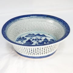 Antique Chinese Export Blue & White Canton Porcelain Reticulated Chestnut Basket