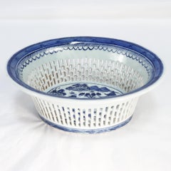 Antique Chinese Export Blue & White Canton Porcelain Reticulated Chestnut Basket