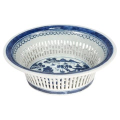 Antique Chinese Export Blue & White Canton Porcelain Reticulated Chestnut Basket