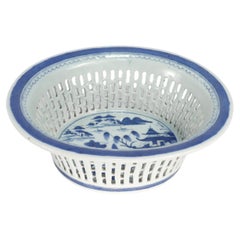 Antique Chinese Export Blue & White Canton Porcelain Reticulated Chestnut Basket