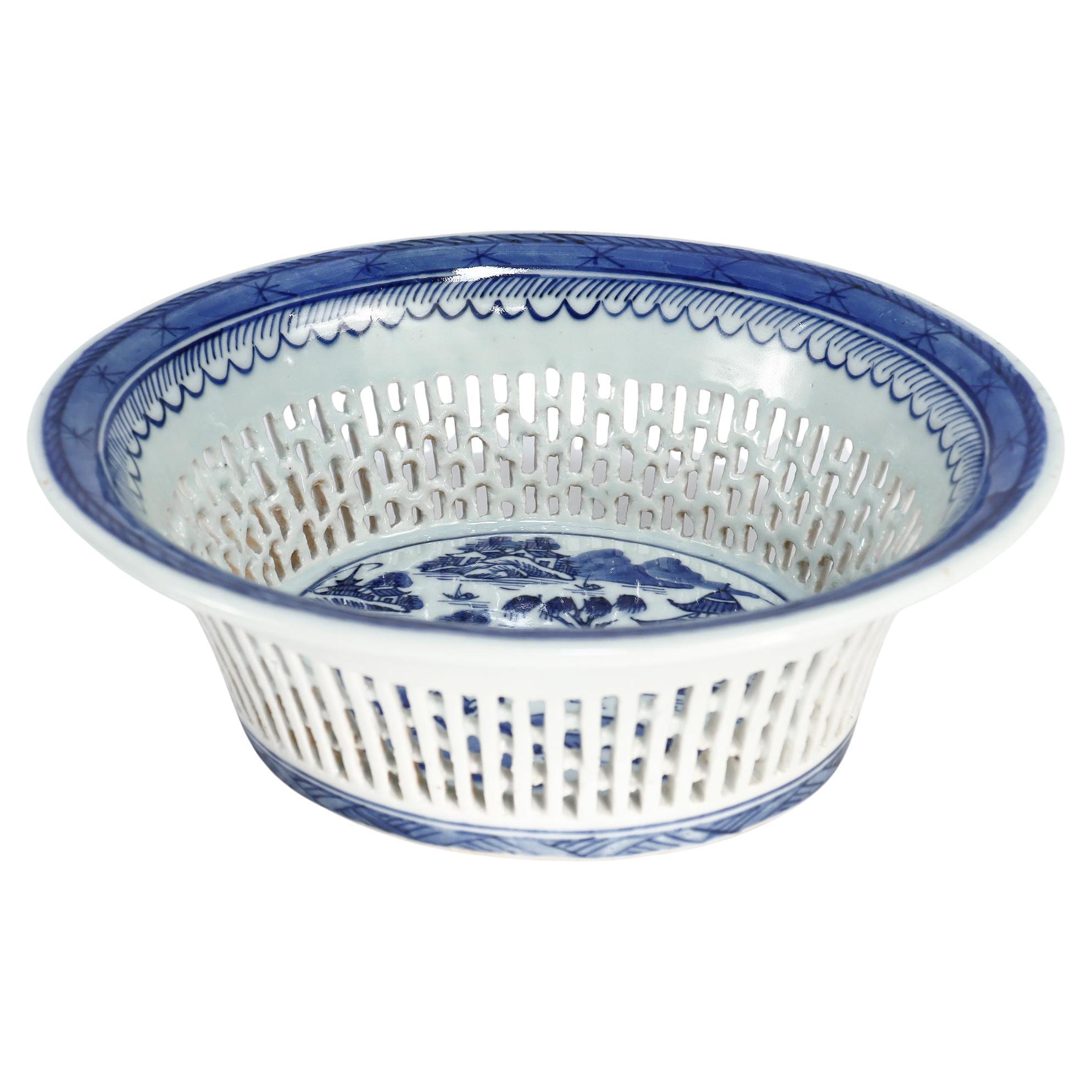 Antique Chinese Export Blue & White Canton Porcelain Reticulated Chestnut Basket For Sale