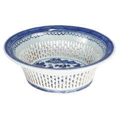 Antique Chinese Export Blue & White Canton Porcelain Reticulated Chestnut Basket