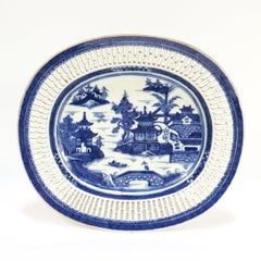 Antique Chinese Export Blue & White Canton Porcelain Reticulated Tray