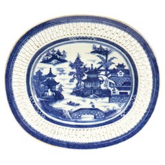 Antique Chinese Export Blue & White Canton Porcelain Reticulated Tray