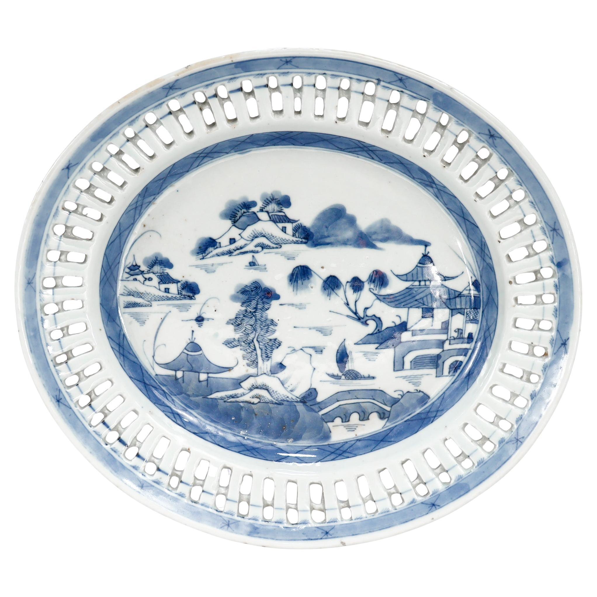 Antique Chinese Export Blue & White Canton Porcelain Reticulated Tray For Sale